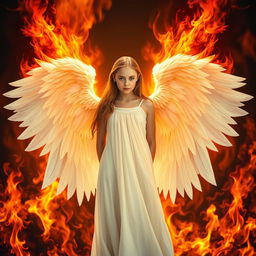 A beautiful girl with majestic angel wings standing gracefully, surrounded by a blazing inferno in the background