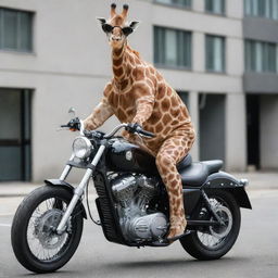 A biker-style giraffe wearing a secure helmet and trendy goggles, confidently straddling a sleek, powerful motorcycle.