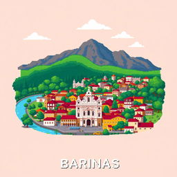 An 8-bit style pixel art representation of Barinas, depicting its vibrant cityscape with colonial architecture, lush landscapes, and mountainous backdrop