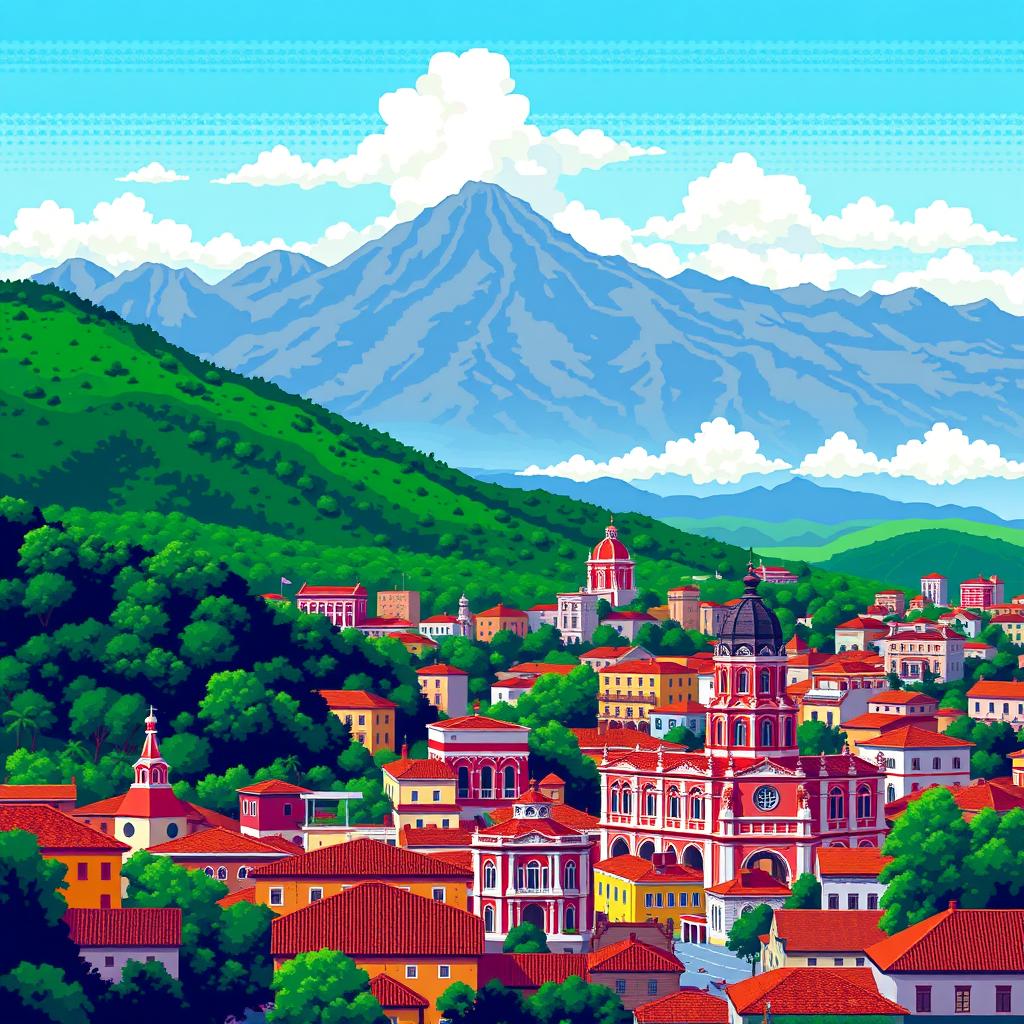 An 8-bit style pixel art representation of Barinas, depicting its vibrant cityscape with colonial architecture, lush landscapes, and mountainous backdrop