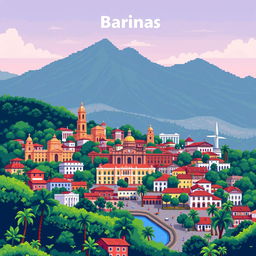 An 8-bit style pixel art representation of Barinas, depicting its vibrant cityscape with colonial architecture, lush landscapes, and mountainous backdrop