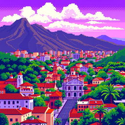 An 8-bit style pixel art representation of Barinas, depicting its vibrant cityscape with colonial architecture, lush landscapes, and mountainous backdrop