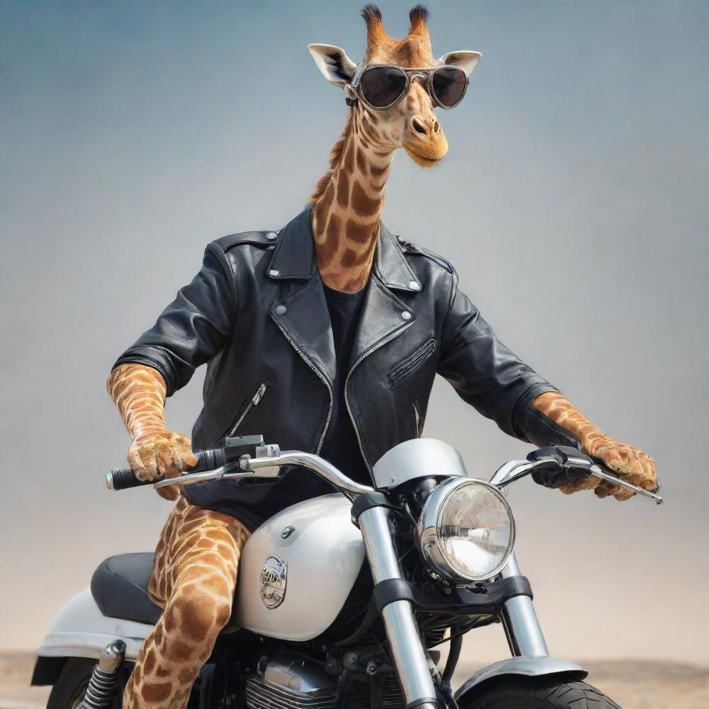 A biker-style giraffe wearing a secure helmet and trendy goggles, confidently straddling a sleek, powerful motorcycle.