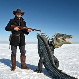 A cowboy dressed in a black duster and hat stands confidently on a frozen tundra, gripping a 1870 Henry Repeating Rifle