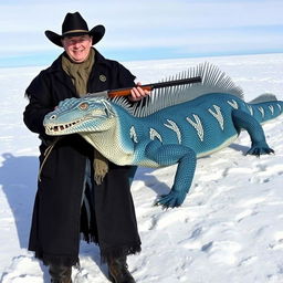 A cowboy dressed in a black duster and hat stands confidently on a frozen tundra, gripping a 1870 Henry Repeating Rifle