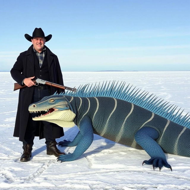 A cowboy dressed in a black duster and hat stands confidently on a frozen tundra, gripping a 1870 Henry Repeating Rifle