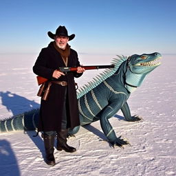 A cowboy dressed in a black duster and hat stands confidently on a frozen tundra, gripping a 1870 Henry Repeating Rifle