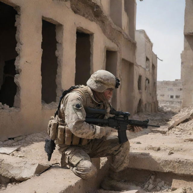 The war zone is more complex now, with soldiers patrolling ruined buildings. Add to this an enemy sniper in concealment, observing them through the scope of a sniper rifle from a distance.