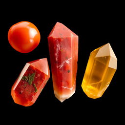 A stunning collection of crystals featuring Carnelian, Bloodstone, Red Jasper, and Madeira, showcased with no background