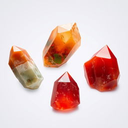 A stunning collection of crystals featuring Carnelian, Bloodstone, Red Jasper, and Madeira, showcased with no background