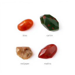 Four exquisite crystals: Carnelian, Bloodstone, Red Jasper, and Madeira, displayed against a solid white background