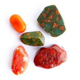 Four exquisite crystals: Carnelian, Bloodstone, Red Jasper, and Madeira, displayed against a solid white background