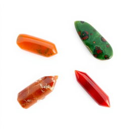 Four exquisite crystals: Carnelian, Bloodstone, Red Jasper, and Madeira, displayed against a solid white background