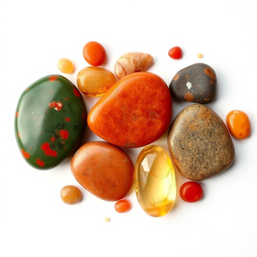 A visually striking composition featuring stones: Bloodstone, Carnelian, Red Jasper, and Citrine