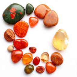 A visually striking composition featuring stones: Bloodstone, Carnelian, Red Jasper, and Citrine