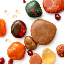 A visually striking composition featuring stones: Bloodstone, Carnelian, Red Jasper, and Citrine