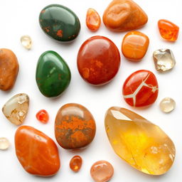 A visually striking composition featuring stones: Bloodstone, Carnelian, Red Jasper, and Citrine