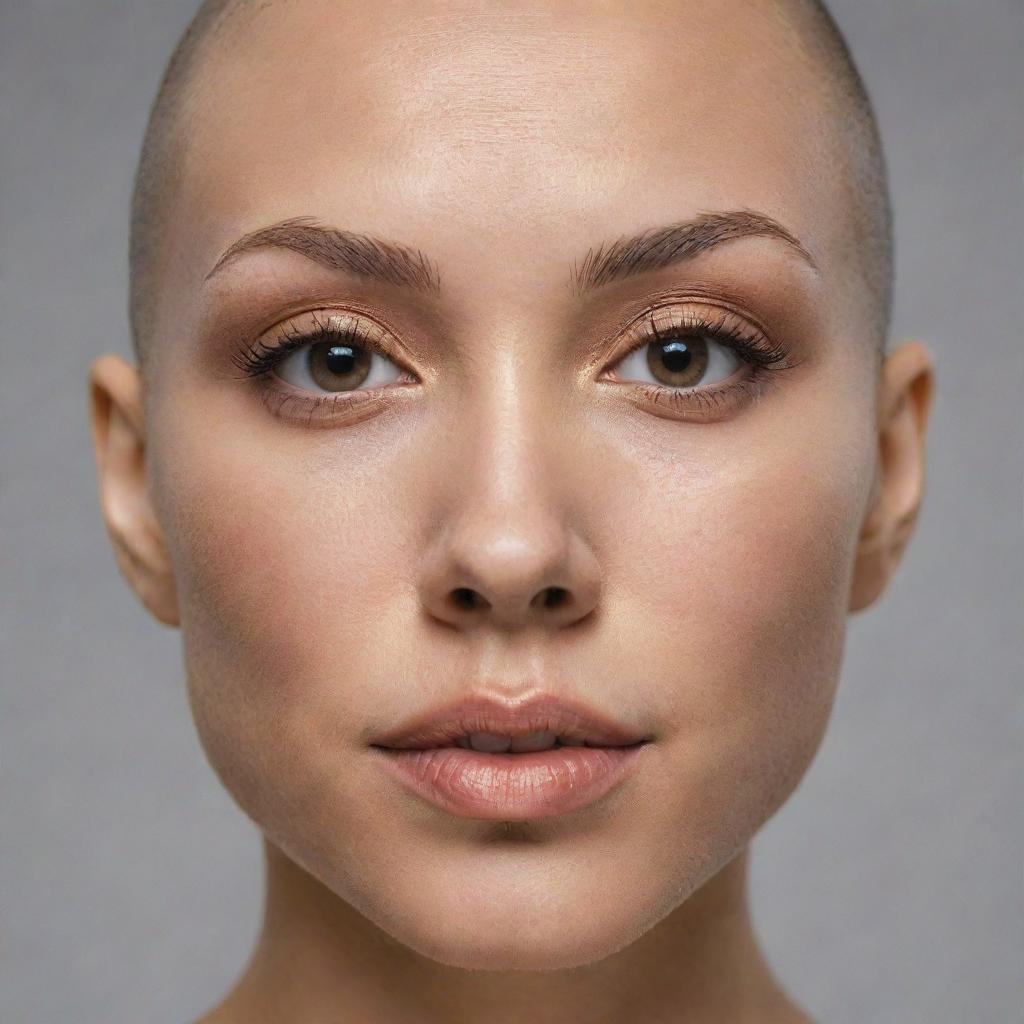 Hyper-realistic frontal face using a Nikon D850 DSLR camera effect. Features beautiful caramel-tone skin, perfect eyebrows, a cute nose, big lips, and a neutral expression. The subject is bald.