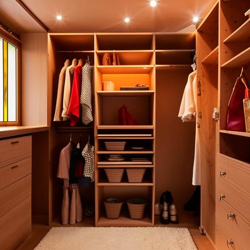 A cozy and warm half-slanted lofted walk-in closet with stained glass windows, fluffy carpet underfoot, dim lighting for ambiance. Filled with quality wooden closets and shelves showcasing a young woman's wardrobe and coffee-themed, autumn-inspired decor.