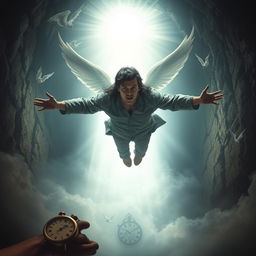 Create an intense and dramatic scene depicting a person experiencing a near-death experience (near-death encounter) involving a bright white light and a tunnel