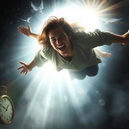 Create an intense and dramatic scene depicting a person experiencing a near-death experience (near-death encounter) involving a bright white light and a tunnel