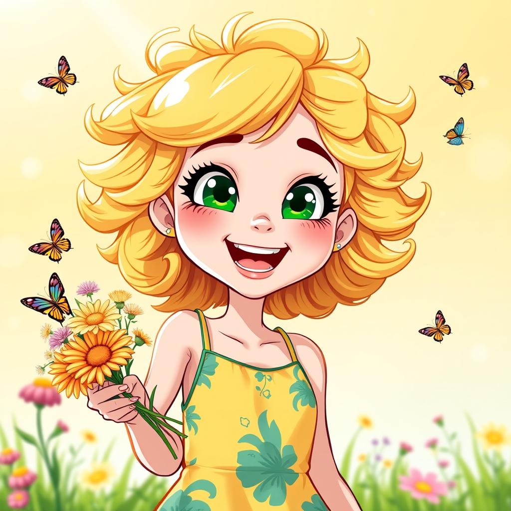 An animated and cheerful character for a book cover: A vibrant young woman with sparkling green eyes full of life and enthusiasm