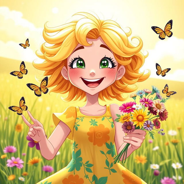 An animated and cheerful character for a book cover: A vibrant young woman with sparkling green eyes full of life and enthusiasm