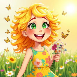 An animated and cheerful character for a book cover: A vibrant young woman with sparkling green eyes full of life and enthusiasm