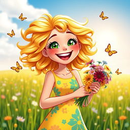 An animated and cheerful character for a book cover: A vibrant young woman with sparkling green eyes full of life and enthusiasm