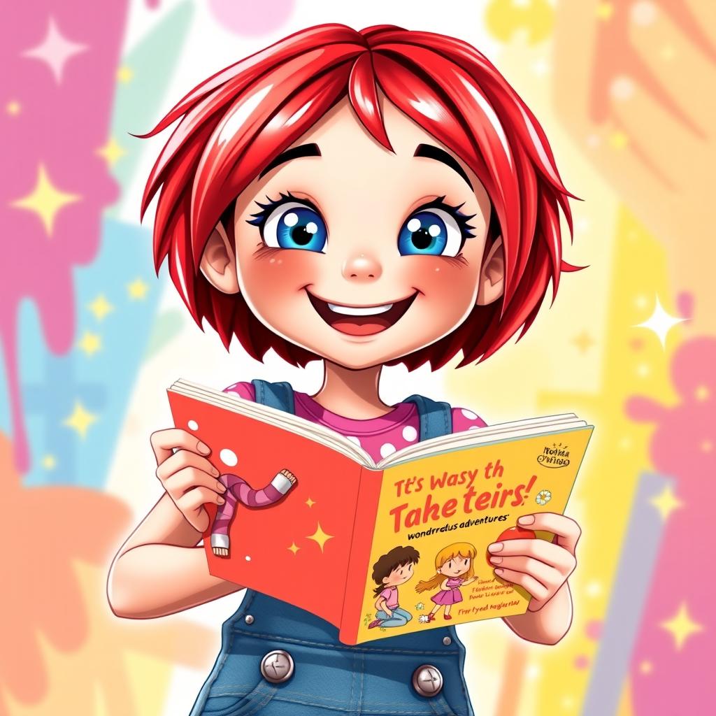 An animated and cheerful character for a book profile picture: A lively young girl with sparkling blue eyes full of joy and curiosity