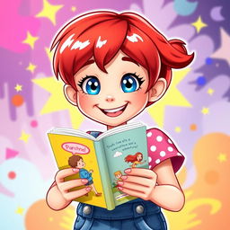 An animated and cheerful character for a book profile picture: A lively young girl with sparkling blue eyes full of joy and curiosity