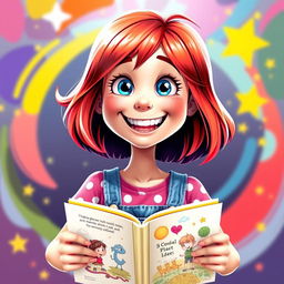 An animated and cheerful character for a book profile picture: A lively young girl with sparkling blue eyes full of joy and curiosity