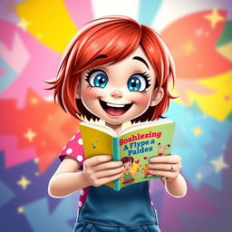 An animated and cheerful character for a book profile picture: A lively young girl with sparkling blue eyes full of joy and curiosity