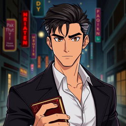 An animated character for an adult series, featuring a profile picture theme for a book: A sophisticated, edgy male character with an air of mystery and intrigue