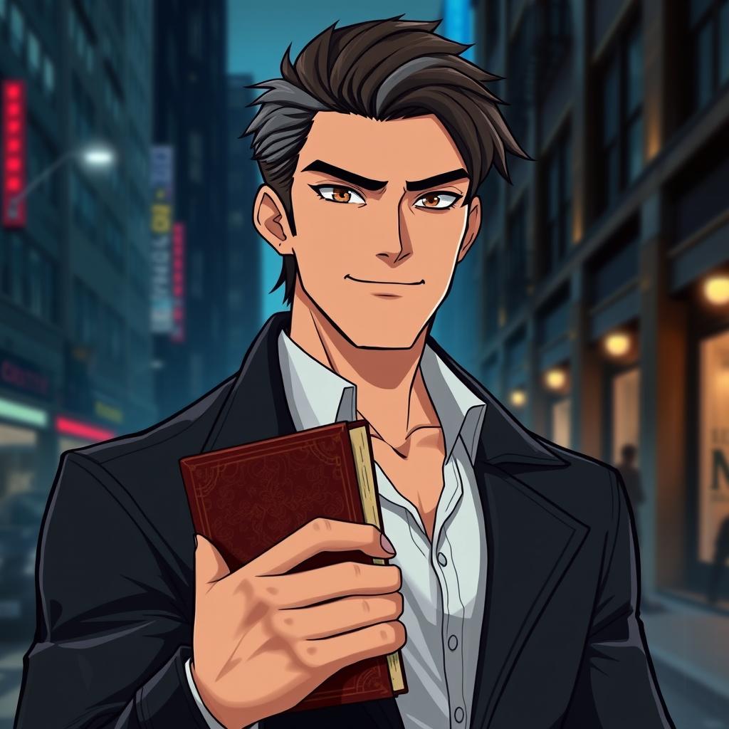 An animated character for an adult series, featuring a profile picture theme for a book: A sophisticated, edgy male character with an air of mystery and intrigue