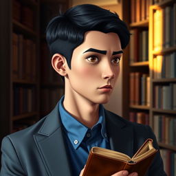 A distinct character designed for a book profile picture: A thoughtful, introspective figure with deep brown eyes that seem to ponder the mysteries of the world