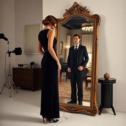 A tall woman dressed in 21st-century fashion stands in a modern studio during the daytime, facing an antique Victorian mirror