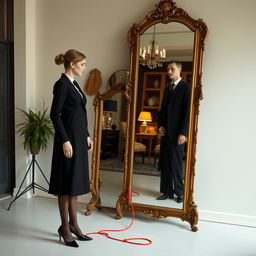 A tall woman dressed in 21st-century fashion stands in a modern studio during the daytime, facing an antique Victorian mirror