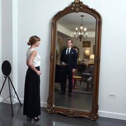 A tall woman dressed in 21st-century fashion stands in a modern studio during the daytime, facing an antique Victorian mirror