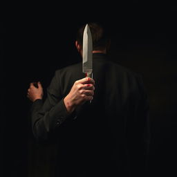 A tall, six-foot man is depicted from behind, holding a butcher knife in his hand