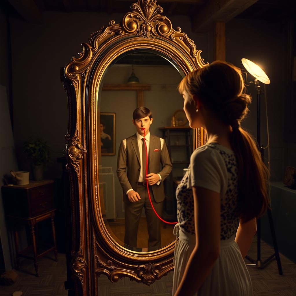 A digitally crafted image of a modern 21st-century woman standing in front of an antique Victorian mirror