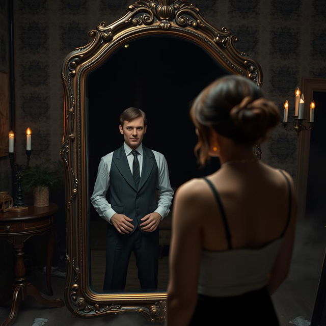 A digitally crafted image of a modern 21st-century woman standing in front of an antique Victorian mirror