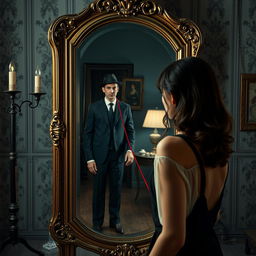 A digitally crafted image of a modern 21st-century woman standing in front of an antique Victorian mirror