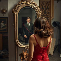 A digitally crafted image of a modern 21st-century woman standing in front of an antique Victorian mirror