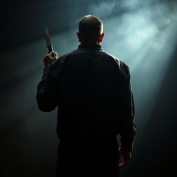 A tall, six-foot man is depicted from behind, holding a butcher knife in his right hand