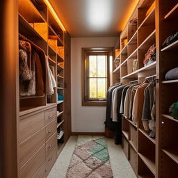 A cozy and warm half-slanted lofted walk-in closet with stained glass windows, fluffy carpet underfoot, dim lighting for ambiance. Filled with quality wooden closets and shelves showcasing a young woman's wardrobe and coffee-themed, autumn-inspired decor.