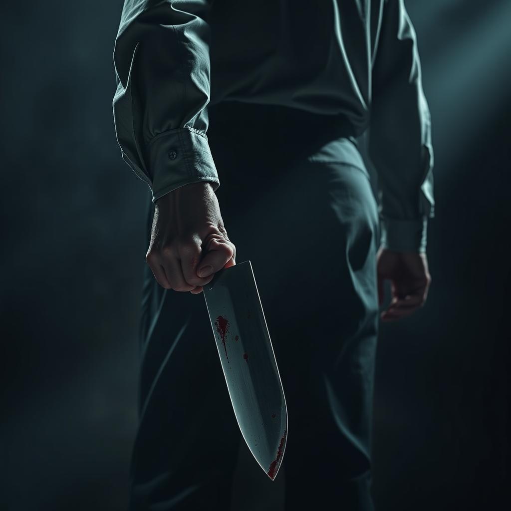 A towering six-foot tall man is shown from the back, holding a butcher knife in his right hand, positioned down near his waist