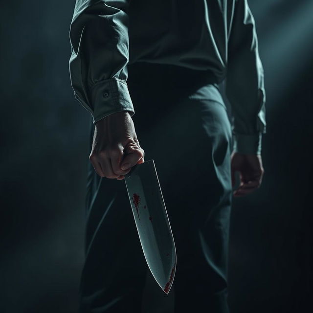 A towering six-foot tall man is shown from the back, holding a butcher knife in his right hand, positioned down near his waist