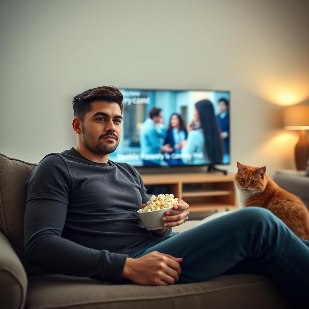 A handsome man with a well-defined jawline and warm brown eyes, sitting comfortably on a plush sofa in a cozy living room