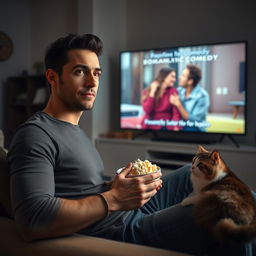 A handsome man with a well-defined jawline and warm brown eyes, sitting comfortably on a plush sofa in a cozy living room